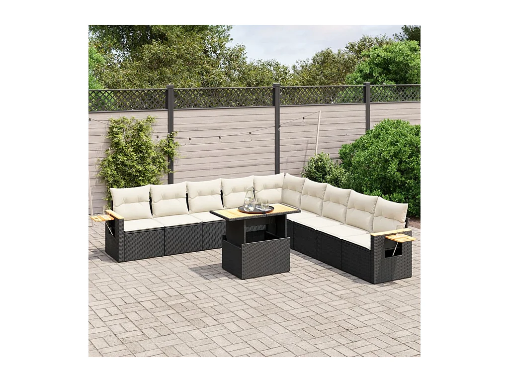 Salon de jardin 11 pièces avec coussins noir résine tressée
