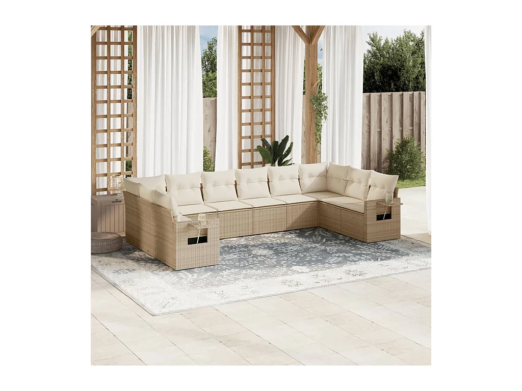 10 peças conjunto de sofás p/ jardim com almofadões vime PE bege
