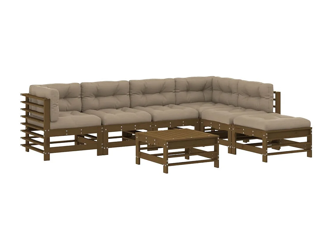 Salon de jardin 7 pièces avec coussins marron miel bois massif