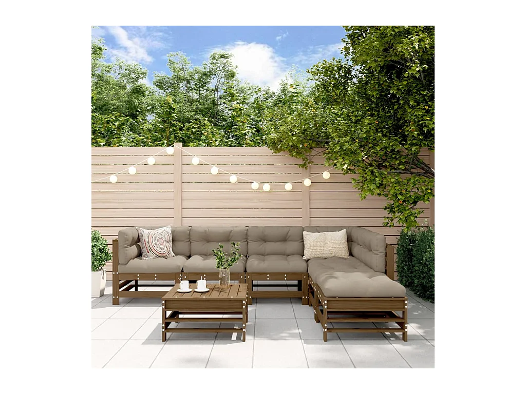 7-delige Loungeset met kussens massief hout honingbruin