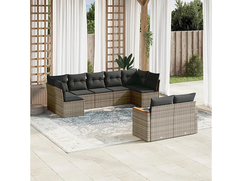 Set de muebles de jardín 9 piezas y cojines ratán sintético gris