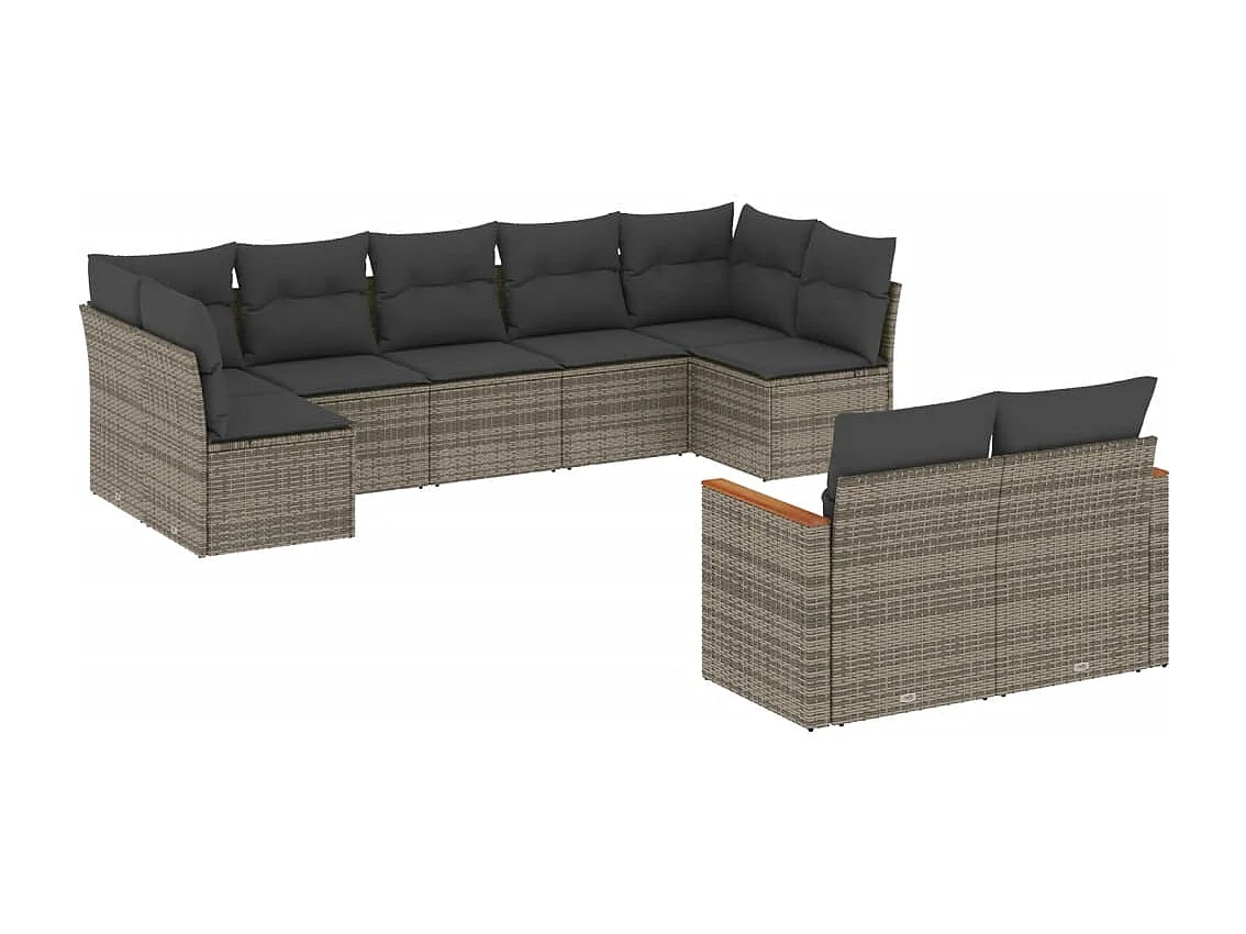 9-delige Loungeset met kussens poly rattan grijs