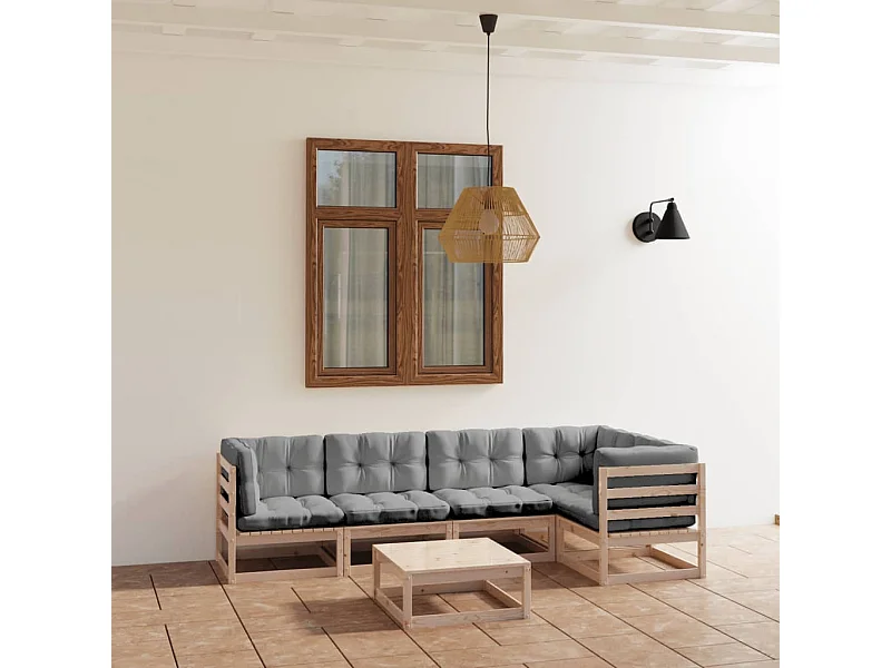 6 peças conjunto lounge de jardim com almofadões pinho maciço