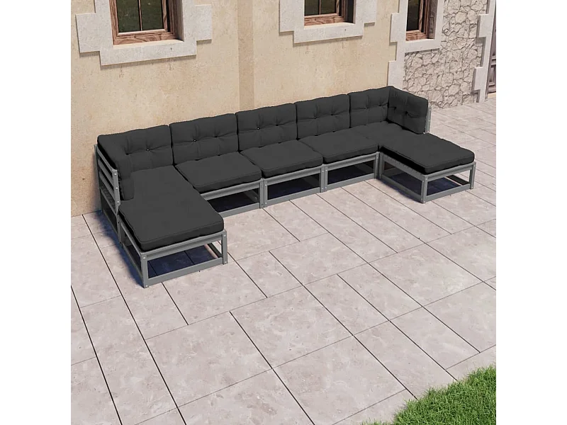 Set de muebles de jardín 7 piezas con cojines madera pino gris