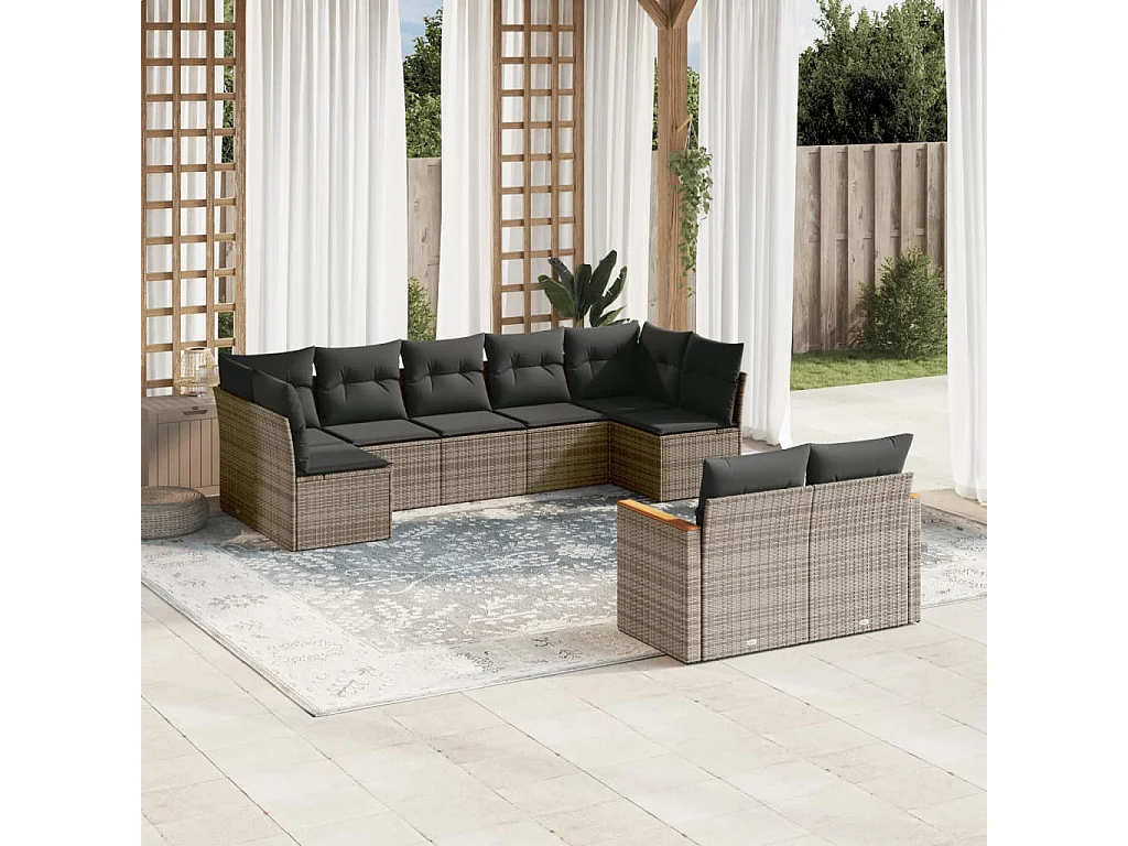 9-delige Loungeset met kussens poly rattan grijs