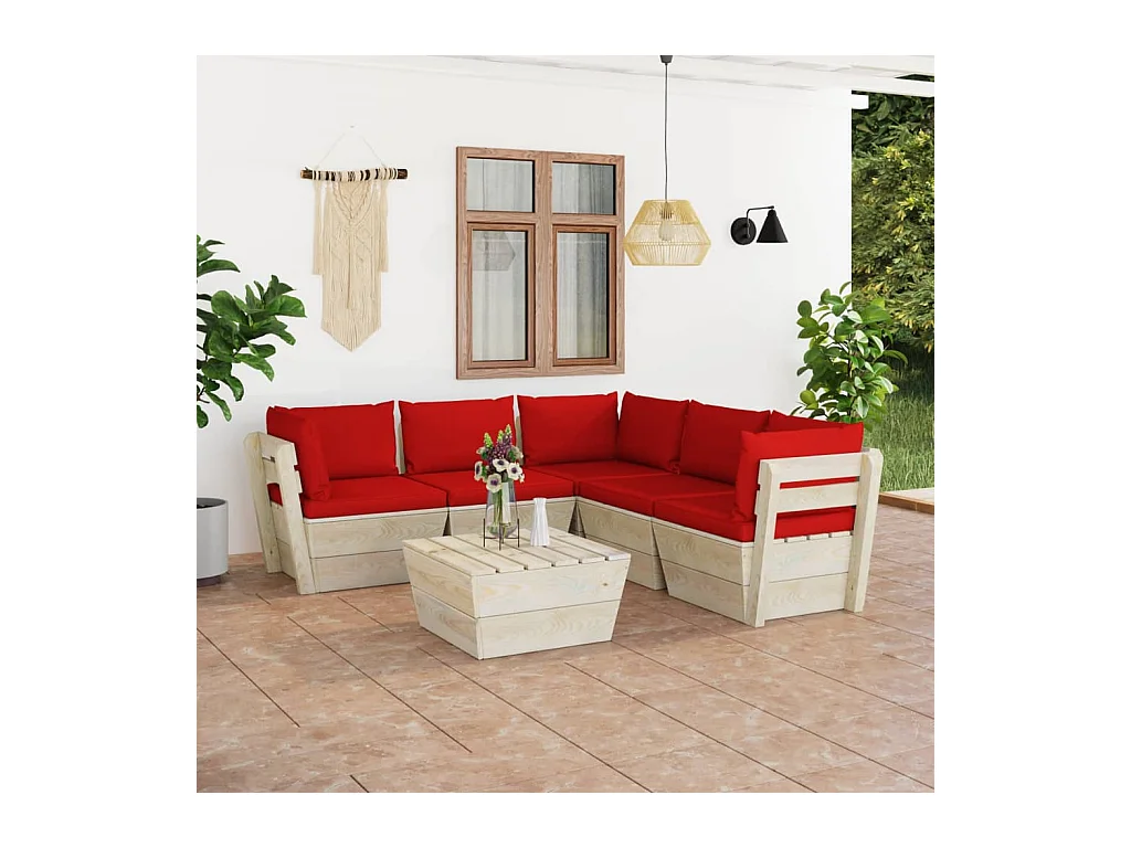 Salon de jardin palette 6 pièces avec coussins Épicéa imprégné