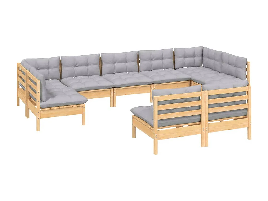 Salon de jardin 9 pièces avec coussins gris Bois de pin solide