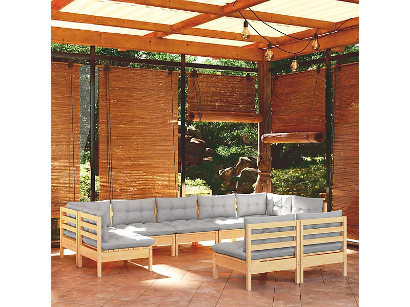 Juego de muebles de jardín 9 piezas y cojines madera maciza pino