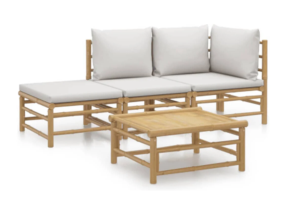 4-delige Loungeset met kussens bamboe lichtgrijs