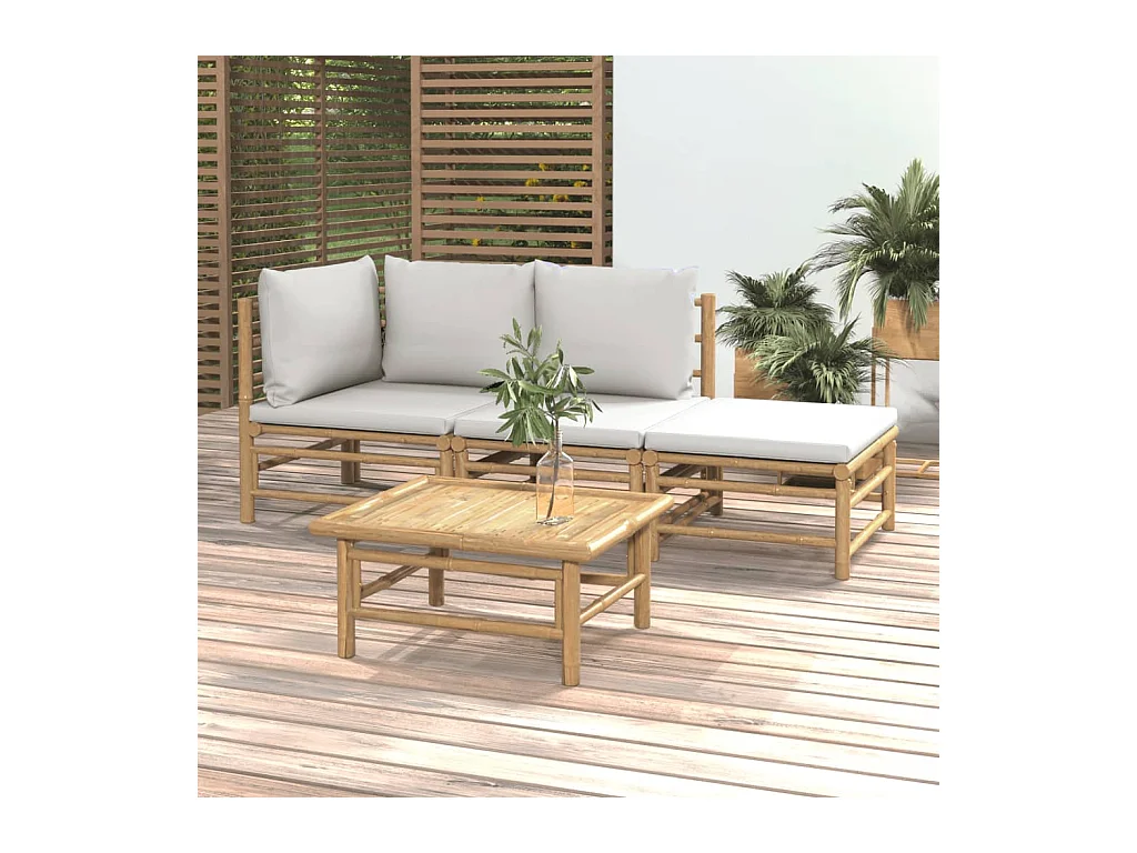 Set de muebles de jardín 4 piezas bambú y cojines gris claro