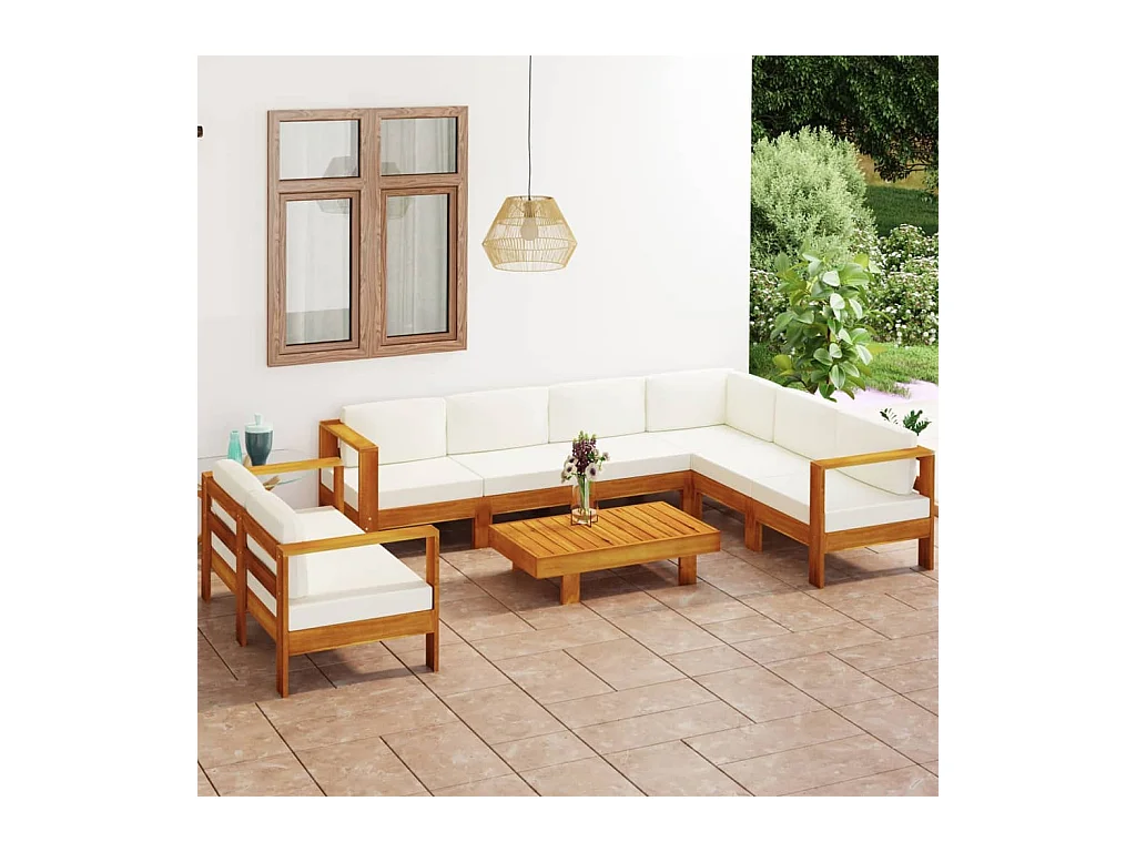 Salon de jardin 8 pièces avec coussins blanc crème bois d'acacia