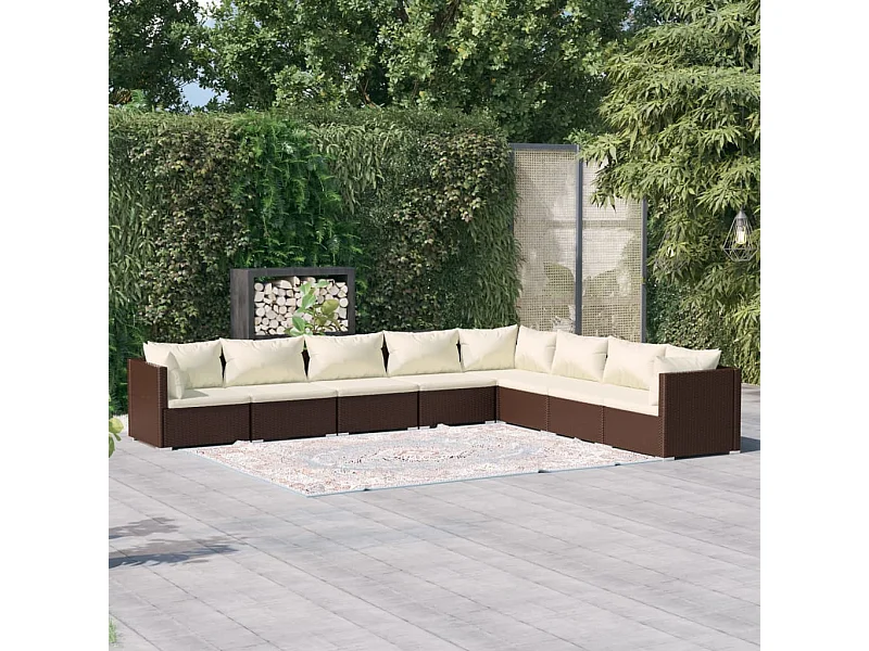 8-delige Loungeset met kussens poly rattan bruin