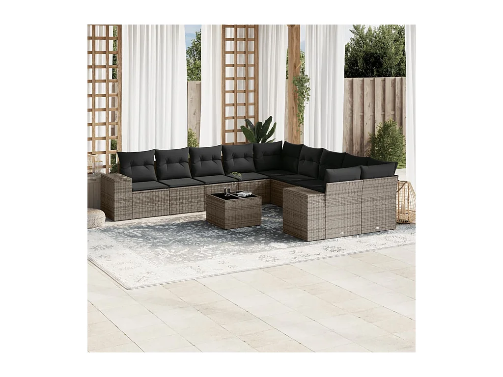 Set de sofás de jardín 11 piezas y cojines ratán sintético gris