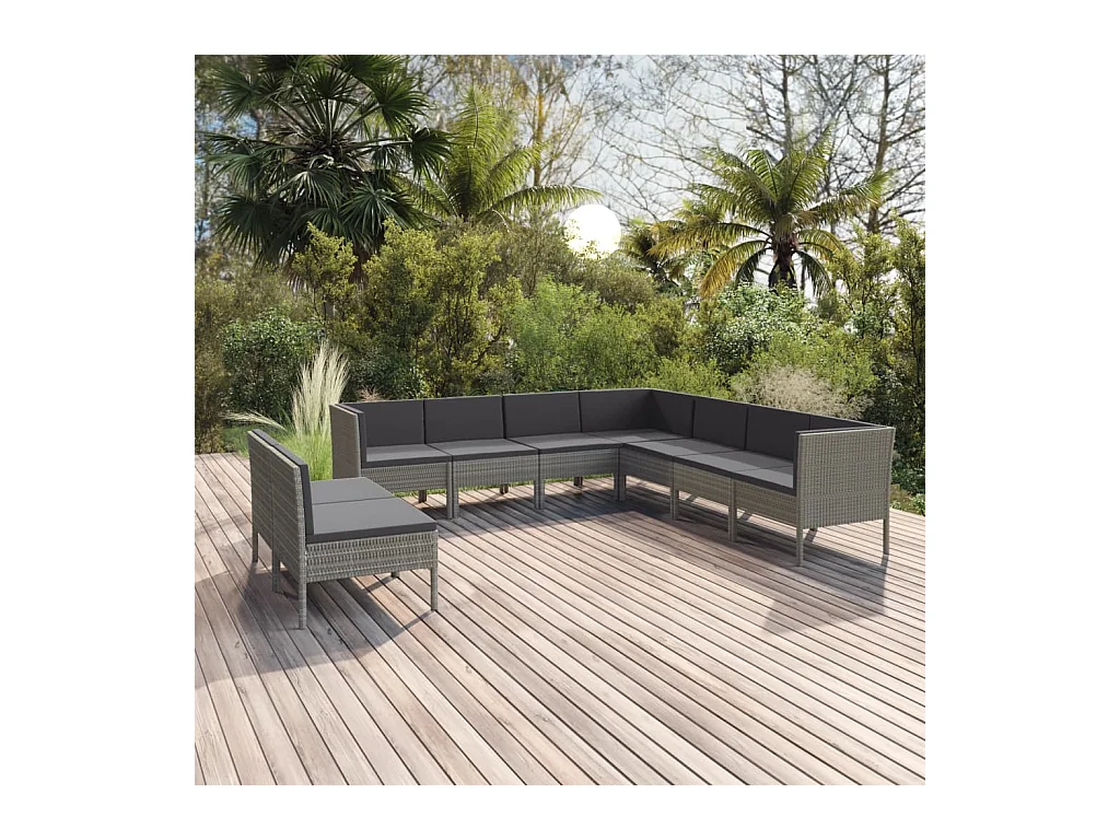 Salon de jardin 9 pièces avec coussins Résine tressée Gris