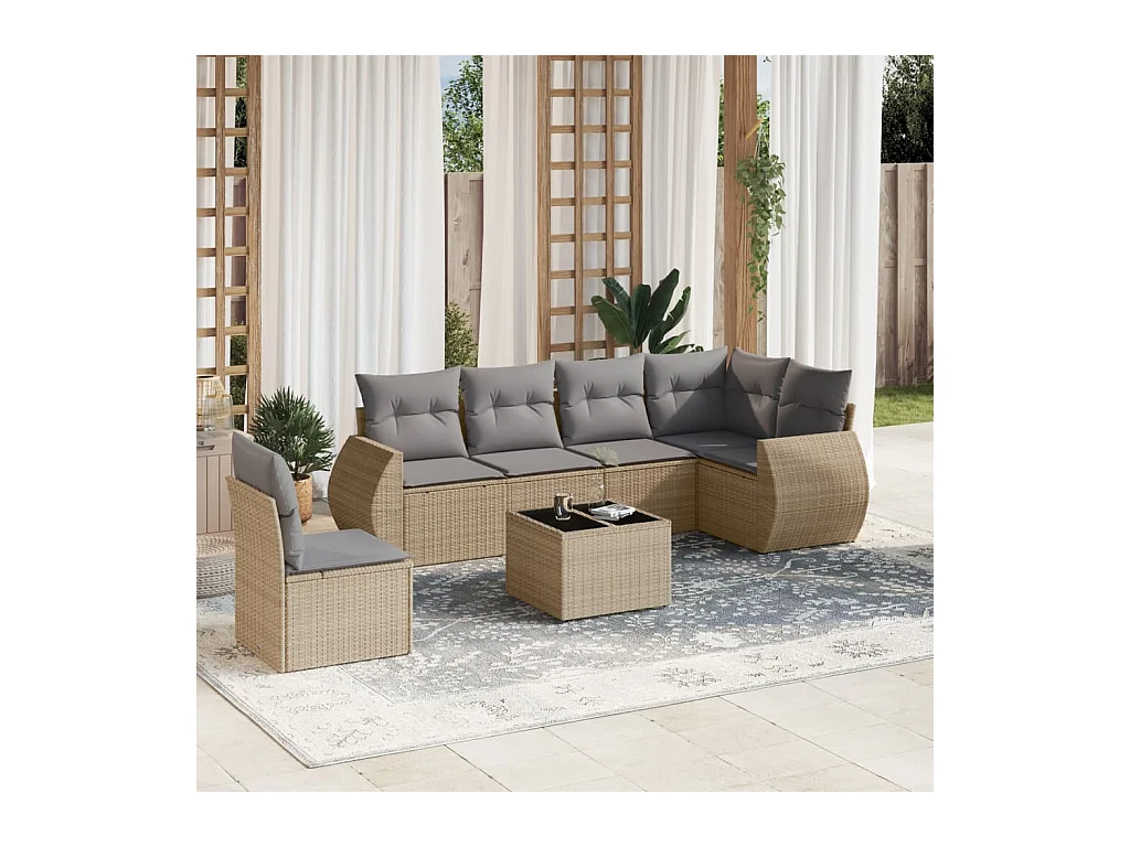 Salon de jardin avec coussins 7 pièces beige résine tressée