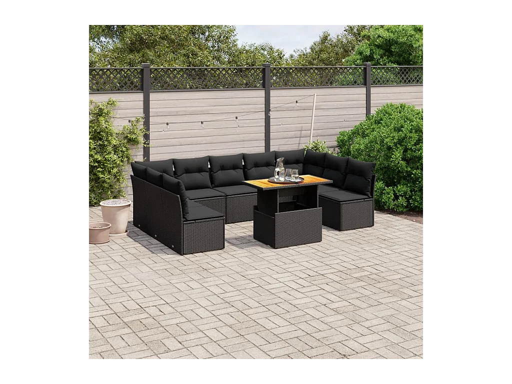 10-delige Loungeset met kussens poly rattan zwart