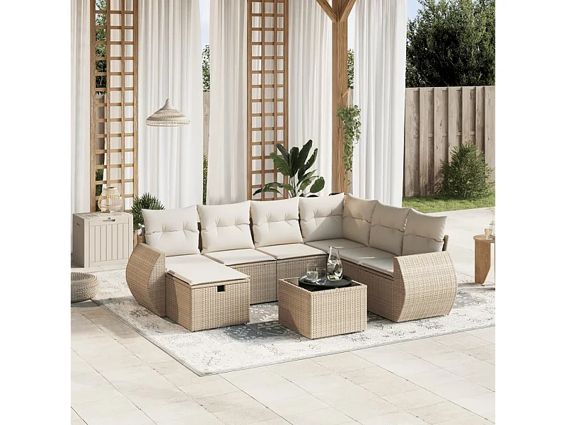 8 peças conjunto de sofás p/ jardim com almofadões vime PE bege