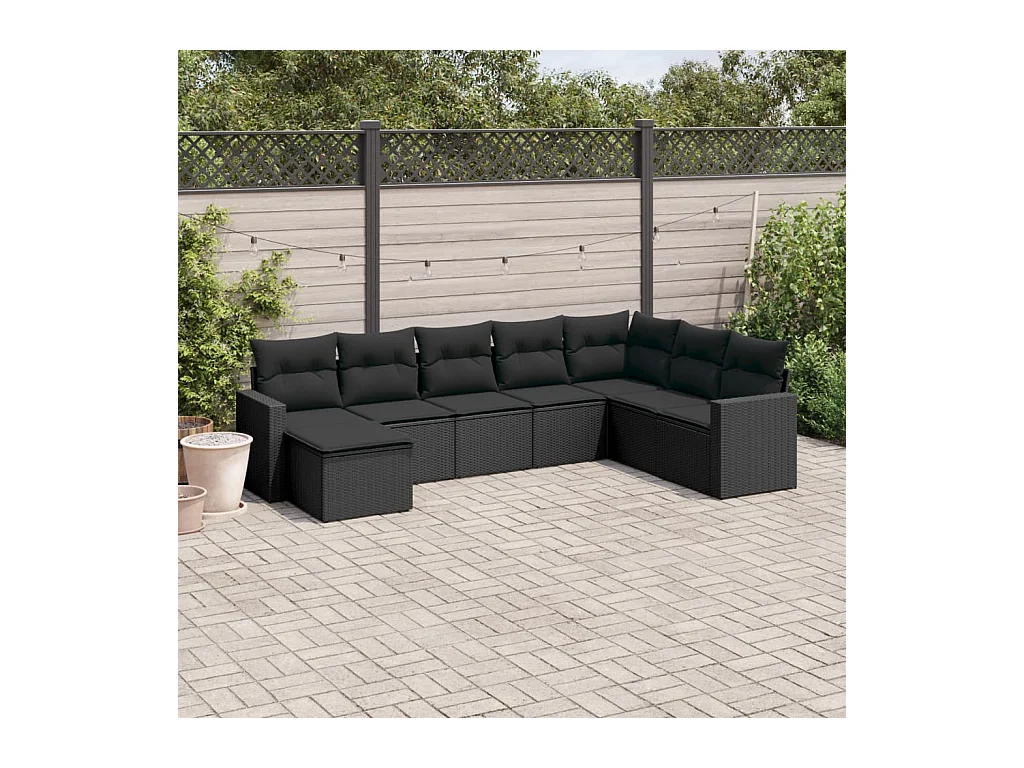Salon de jardin 8 pièces avec coussins noir résine tressée
