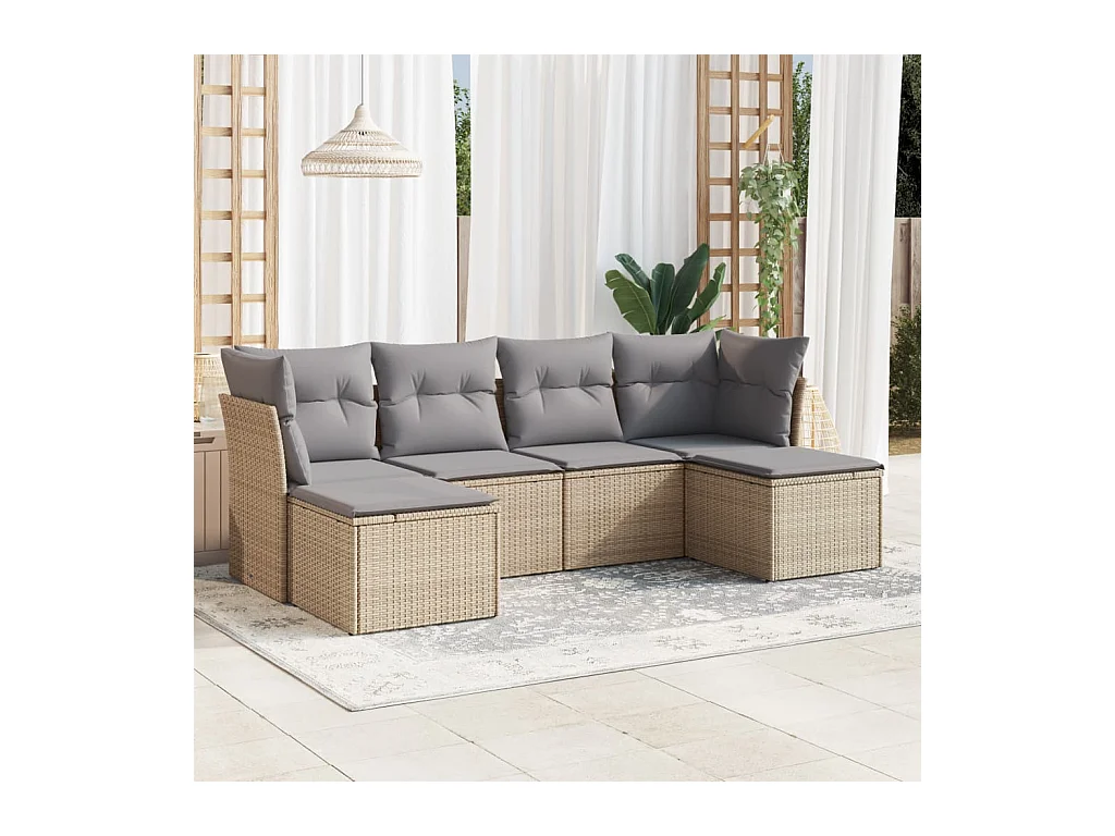 6-delige Loungeset met kussens poly rattan beige
