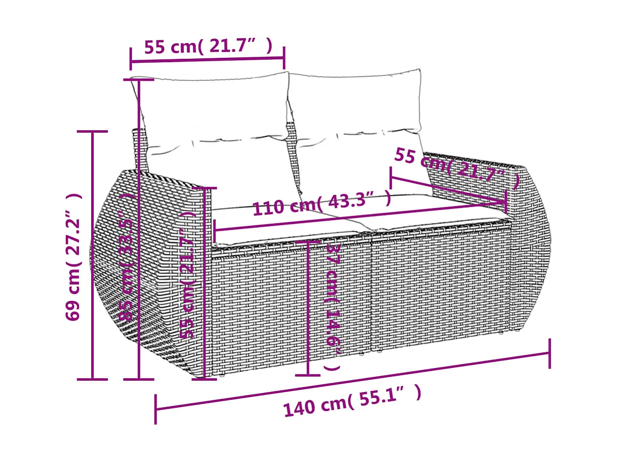 10-delige Loungeset met kussens poly rattan zwart