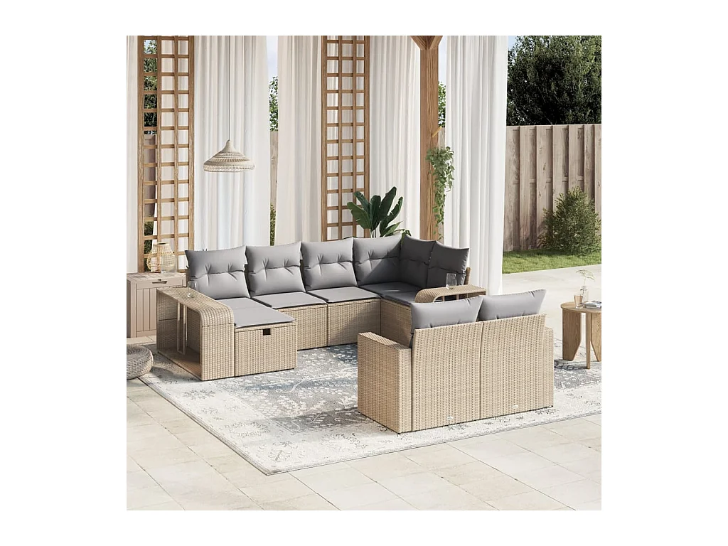 10-delige Loungeset met kussens poly rattan beige