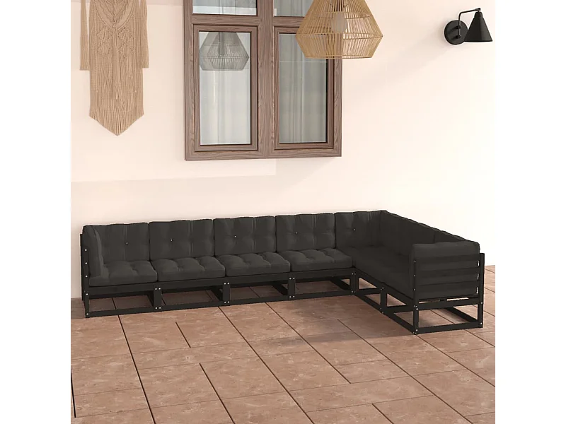 7-delige Loungeset met kussens massief grenenhout zwart