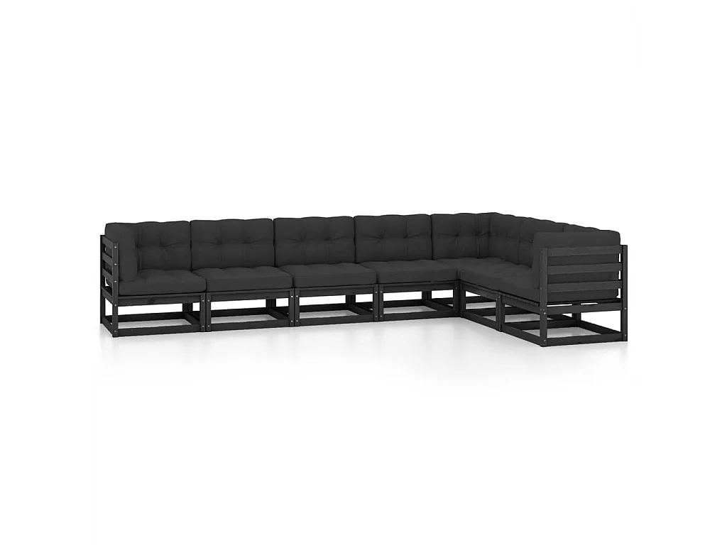 Salon de jardin 7 pièces avec coussins Noir Bois de pin massif