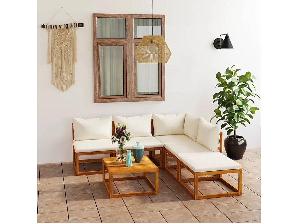 6 peças conjunto lounge jardim c/ almofadões acácia maciça creme