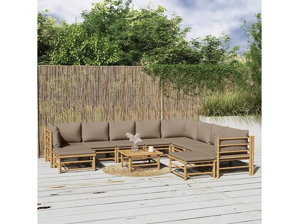 Set de muebles de jardín 11 piezas bambú y cojines gris taupé