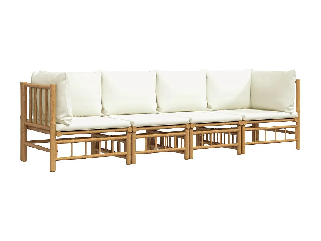 Set de muebles de jardín 4 piezas bambú y cojines blanco crema