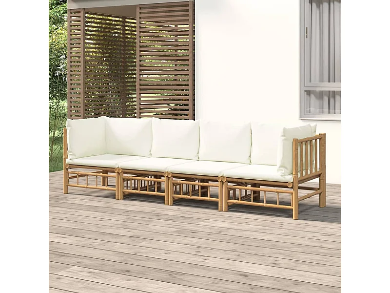 Set de muebles de jardín 4 piezas bambú y cojines blanco crema