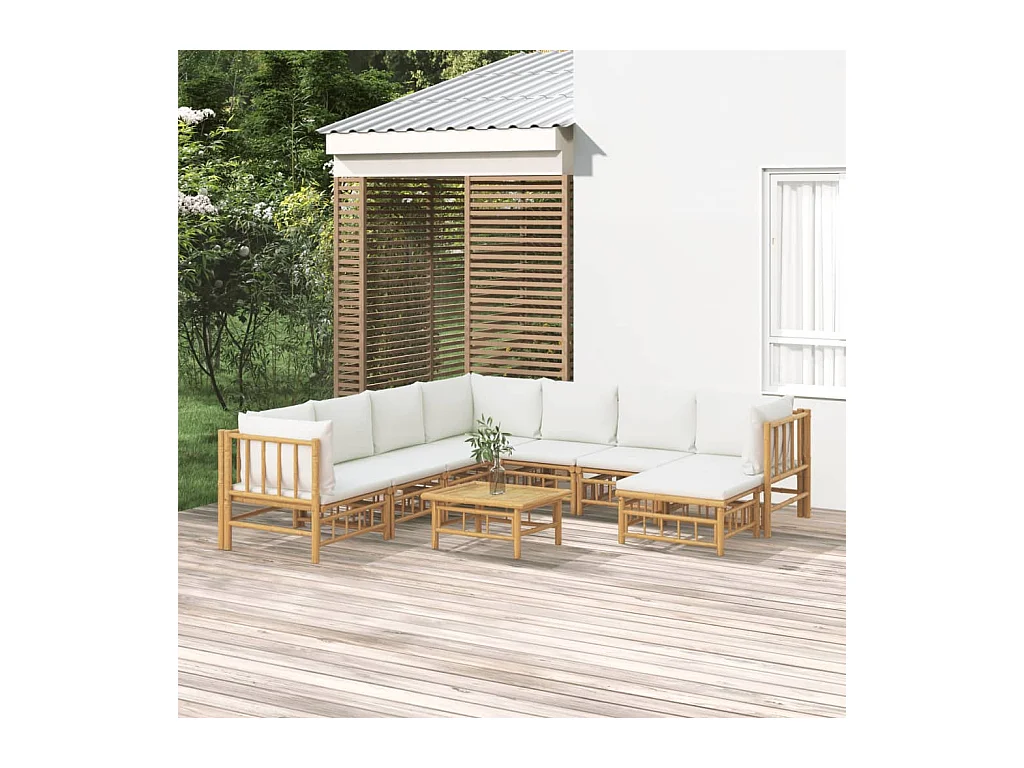 Salon de jardin 9 pièces avec coussins blanc crème bambou