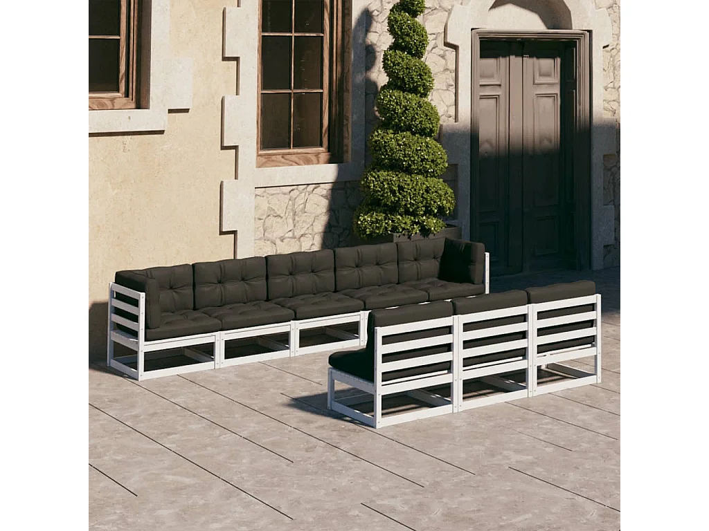 8 peças conjunto lounge jardim c/ almofadões pinho maciço branco