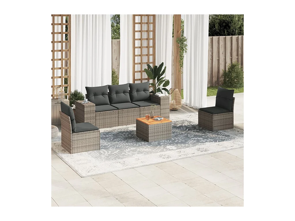 Salon de jardin 6 pièces avec coussins gris résine tressée
