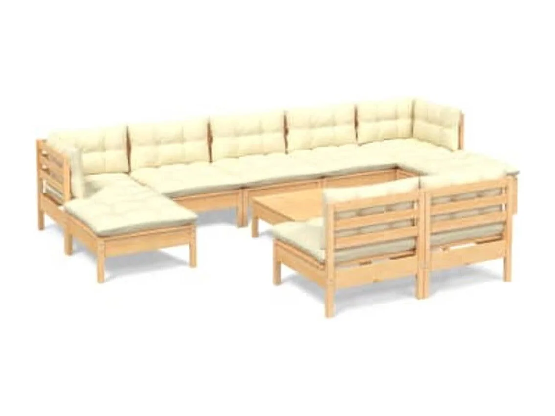 10 peças conjunto lounge de jardim c/ almofadões cor creme pinho