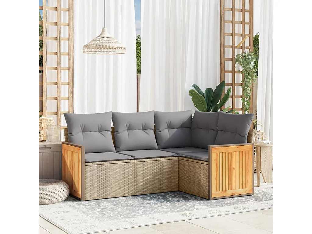 4-delige Loungeset met kussens poly rattan beige