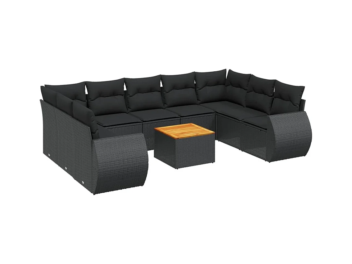 Salon de jardin 10 pièces avec coussins noir résine tressée