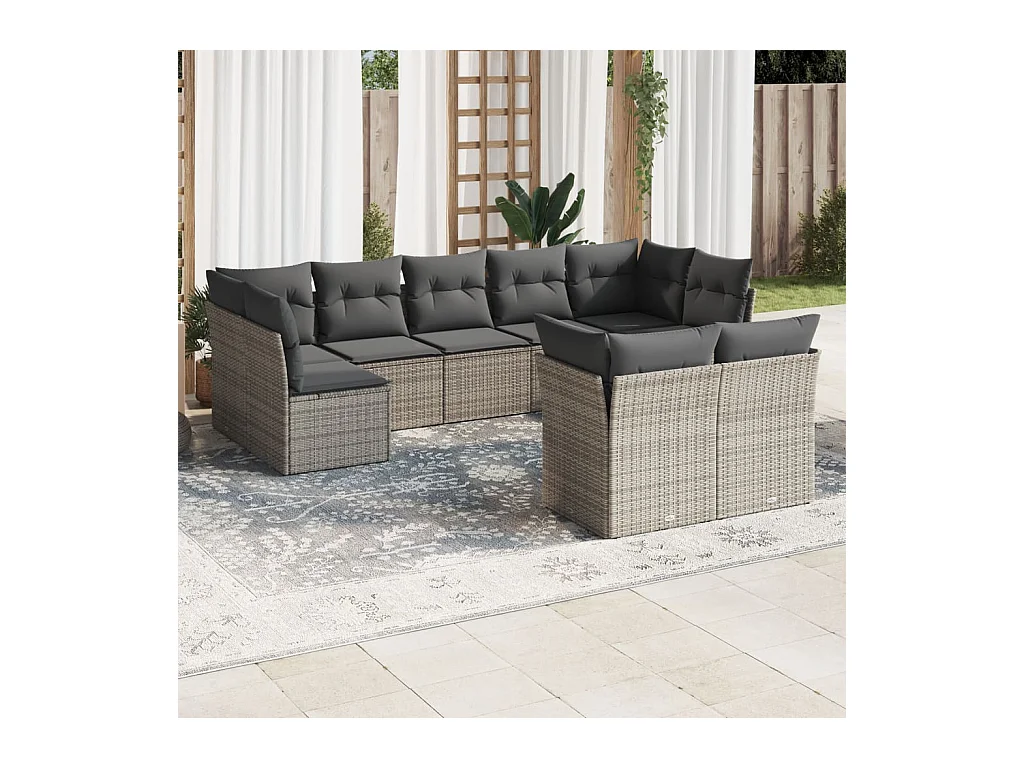 Salon de jardin 9 pièces avec coussins gris résine tressée