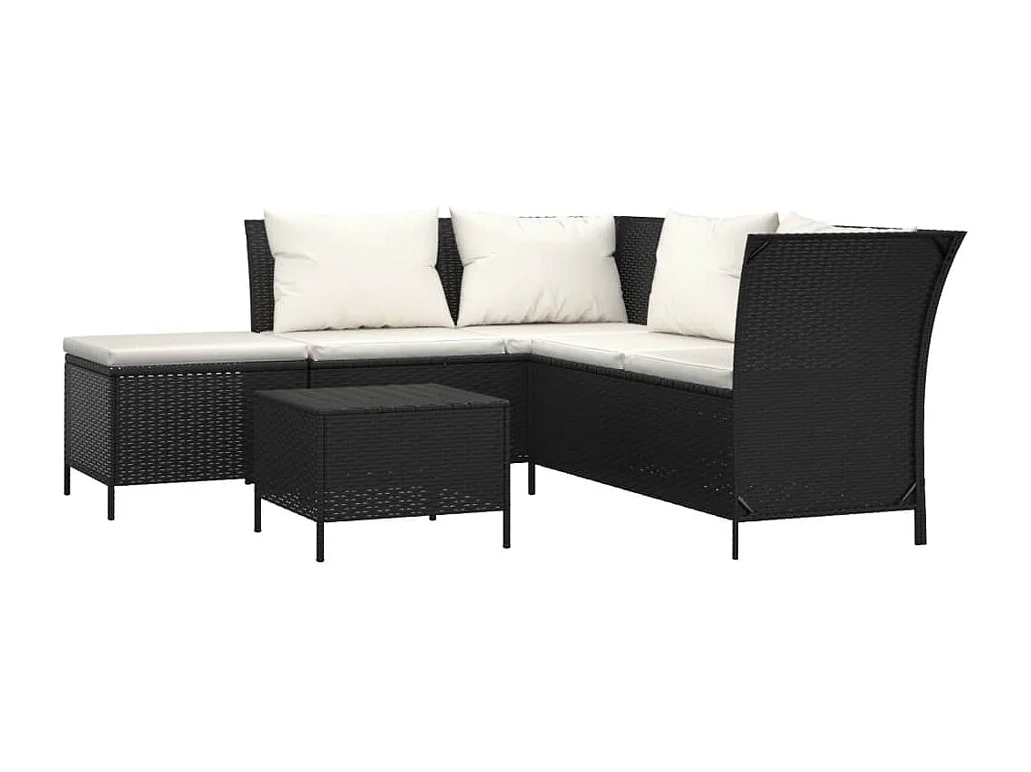 4-delige Loungeset met kussens poly rattan zwart