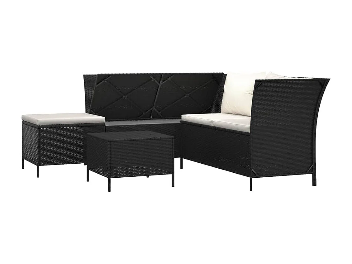 4-delige Loungeset met kussens poly rattan zwart