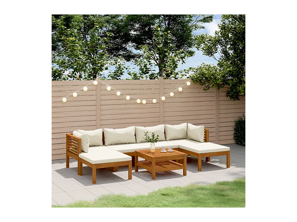 Salon de jardin 7 pièces avec coussin crème Bois d'acacia solide