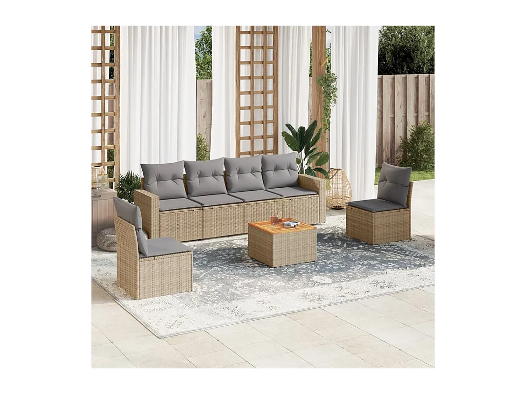 7-delige Loungeset met kussens poly rattan beige
