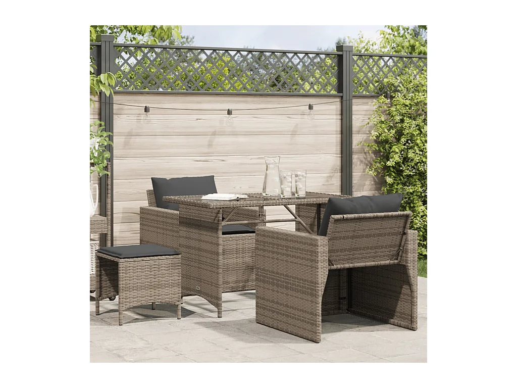 Salon de jardin 4 pièces avec coussins gris résine tressée