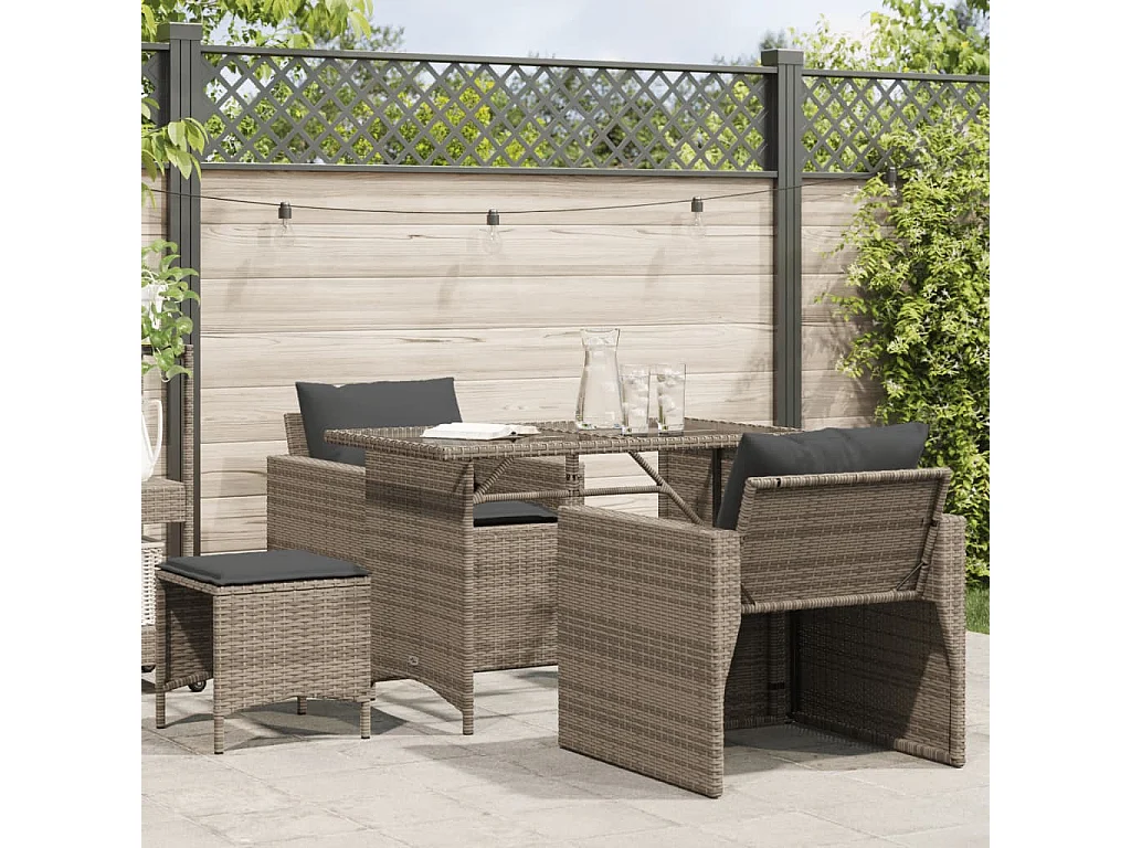 Salon de jardin 4 pièces avec coussins gris résine tressée