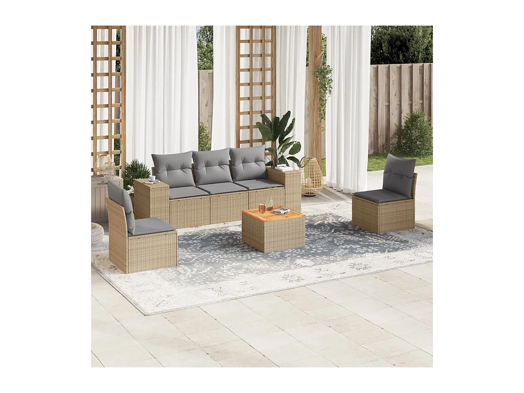 Salon de jardin avec coussins 6 pièces beige résine tressée