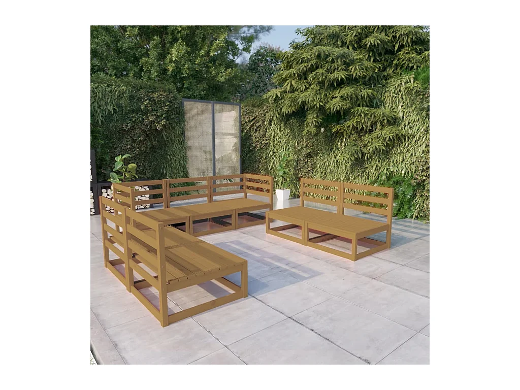 Salon de jardin 7 pièces marron miel bois de pin massif