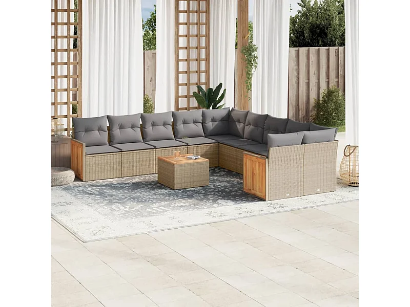 11-delige Tuinset met kussens poly rattan beige