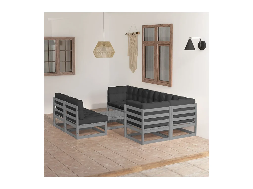 Juego de muebles de jardín 8 piezas y cojines madera pino maciza