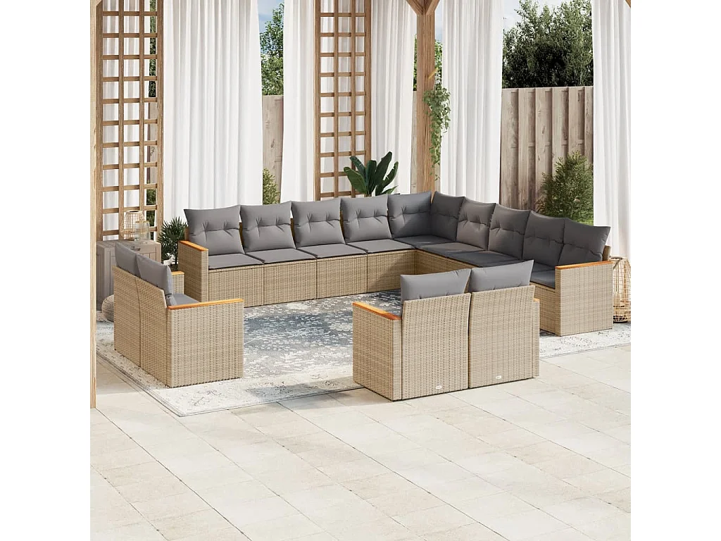 13 peças conjunto de sofás p/ jardim com almofadões vime PE bege