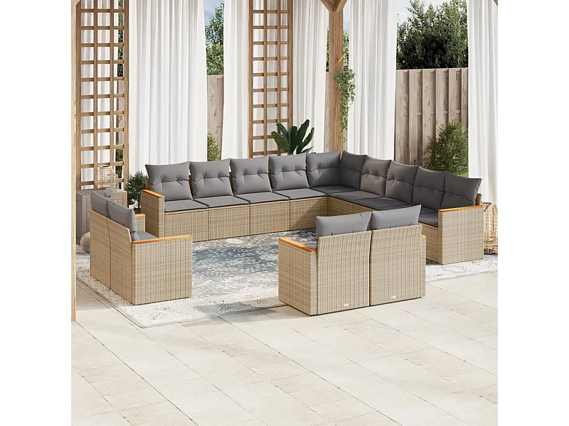 13 peças conjunto de sofás p/ jardim com almofadões vime PE bege